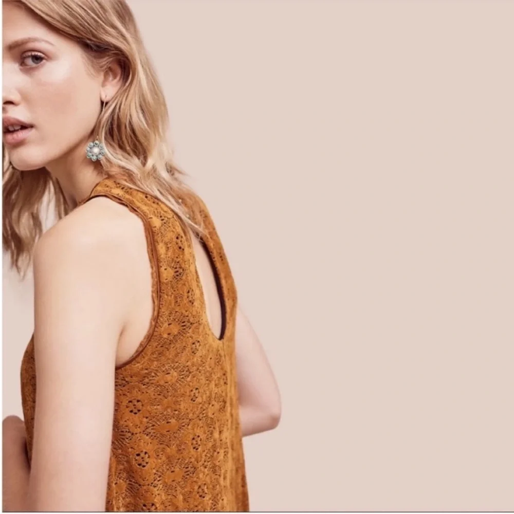 NWOT Anthropologie Maeve Faux Suede Lace Drop Waist Dress In Brown Size 6 - Picture 2 of 13